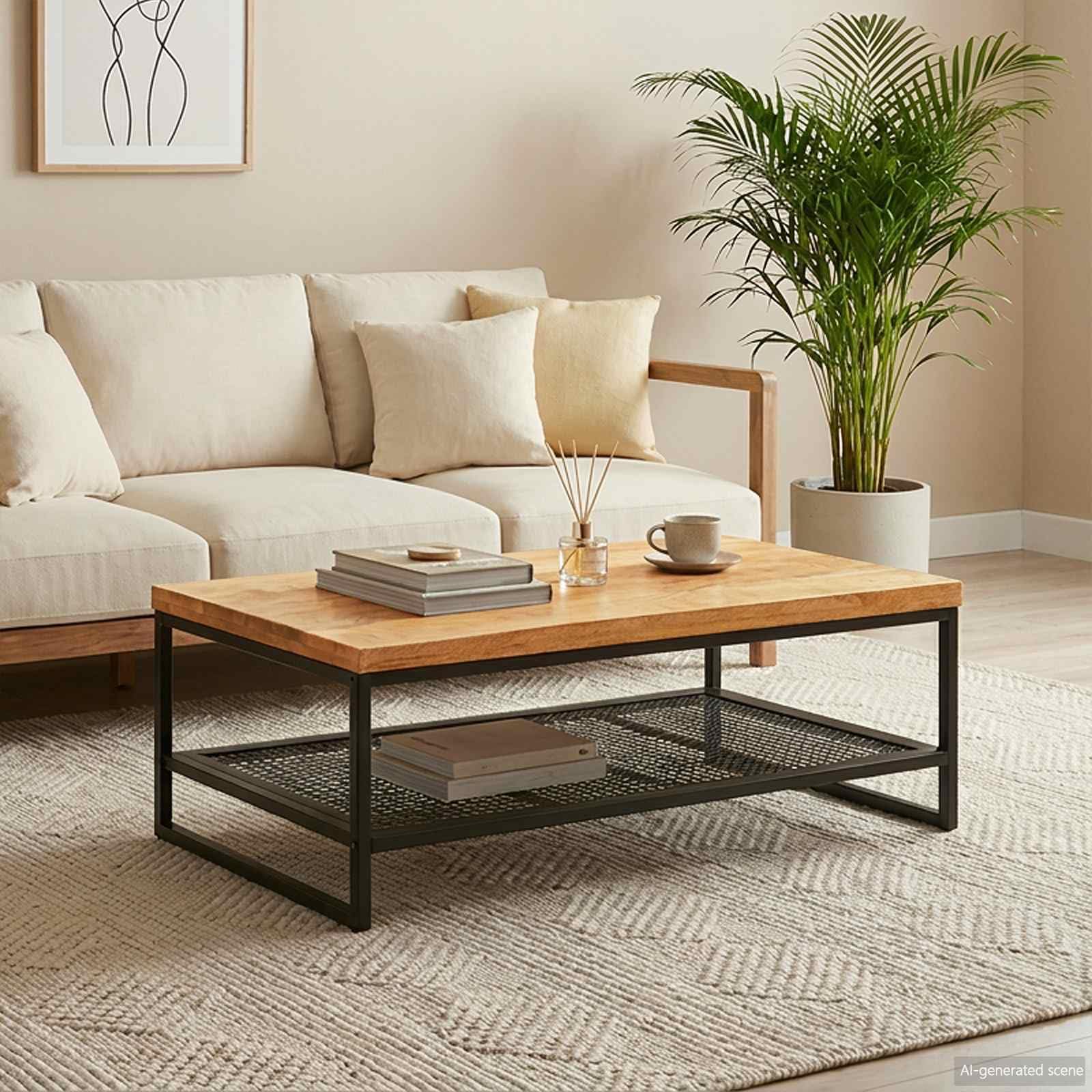 Table basse marron et noire en bois de mangue massif 110x55x35cm avec pieds fer