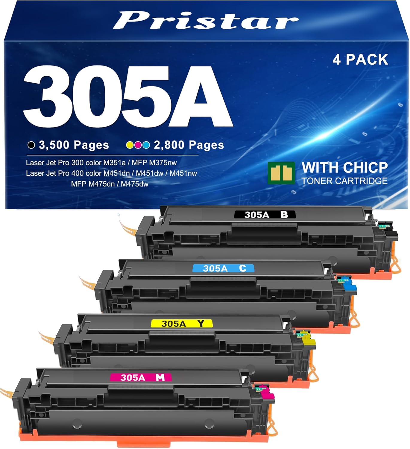 305A Toner Cartridge 4-Piece Combo Pack Compatible for HP 305A 305X Replacement for HP Color Laser Jet Pro 400 Color MFP M451dn M451dw M451nw M475dn M475dw M375nw Printer (Black/Cyan/Magenta/Yellow)