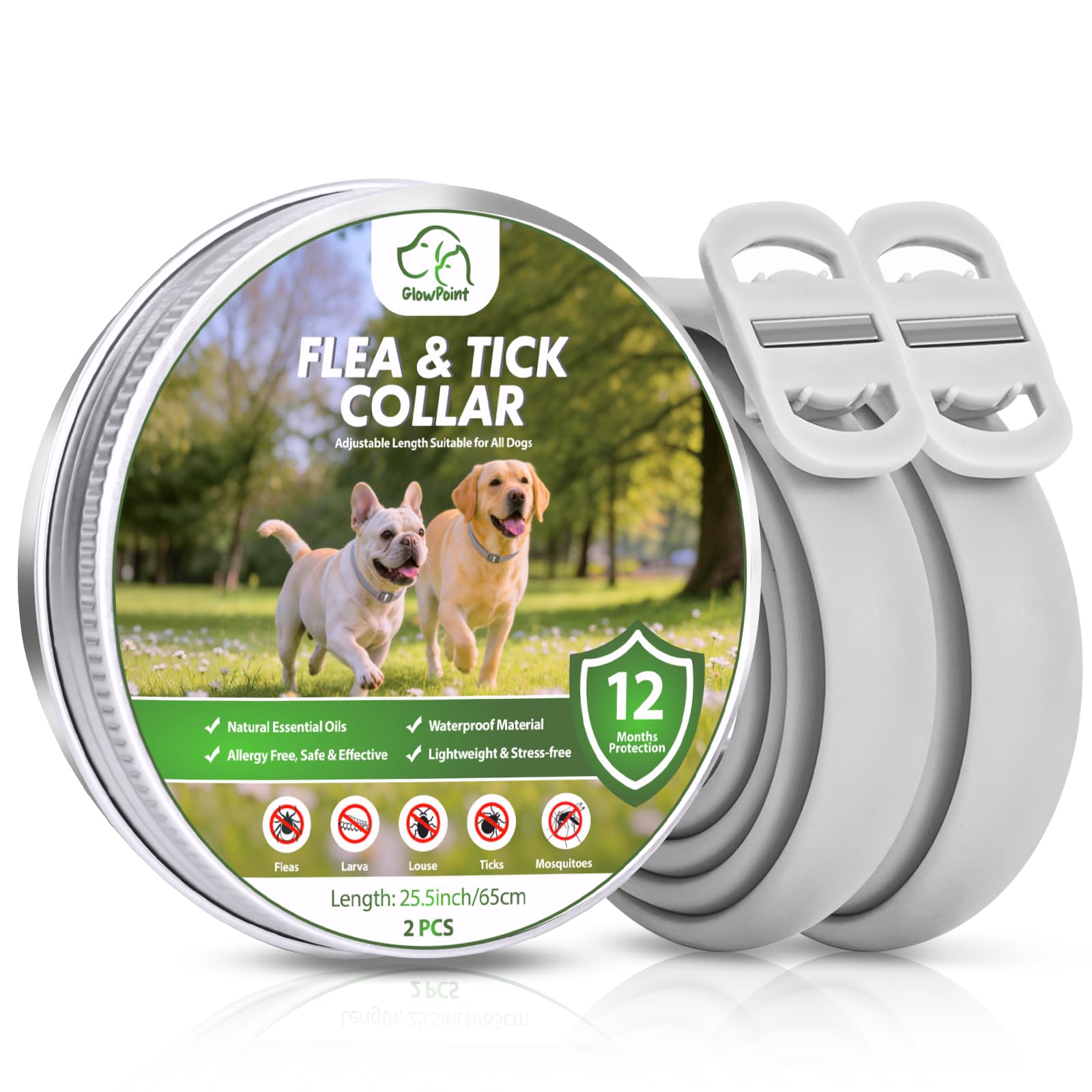 Anti-parasitic Dog Collar, 2 Pieces Adjustable and Waterproof Collar for 12 Months, Durable Repellent for the Prevention of Parasites in Small, Medium and Large Breeds (65 cm)