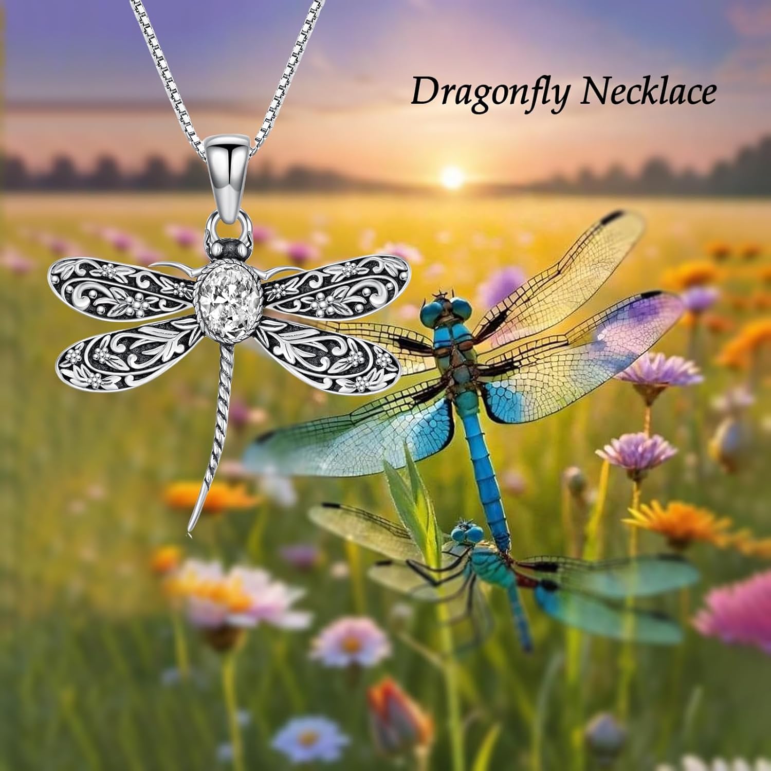 Vintage Dragonfly Necklace for Women 925 Sterling Silver, Oval Birthstone Dragonfly Pendant Boho Jewelry Birthday Gift for Her, Mom, Grandma - Image 6