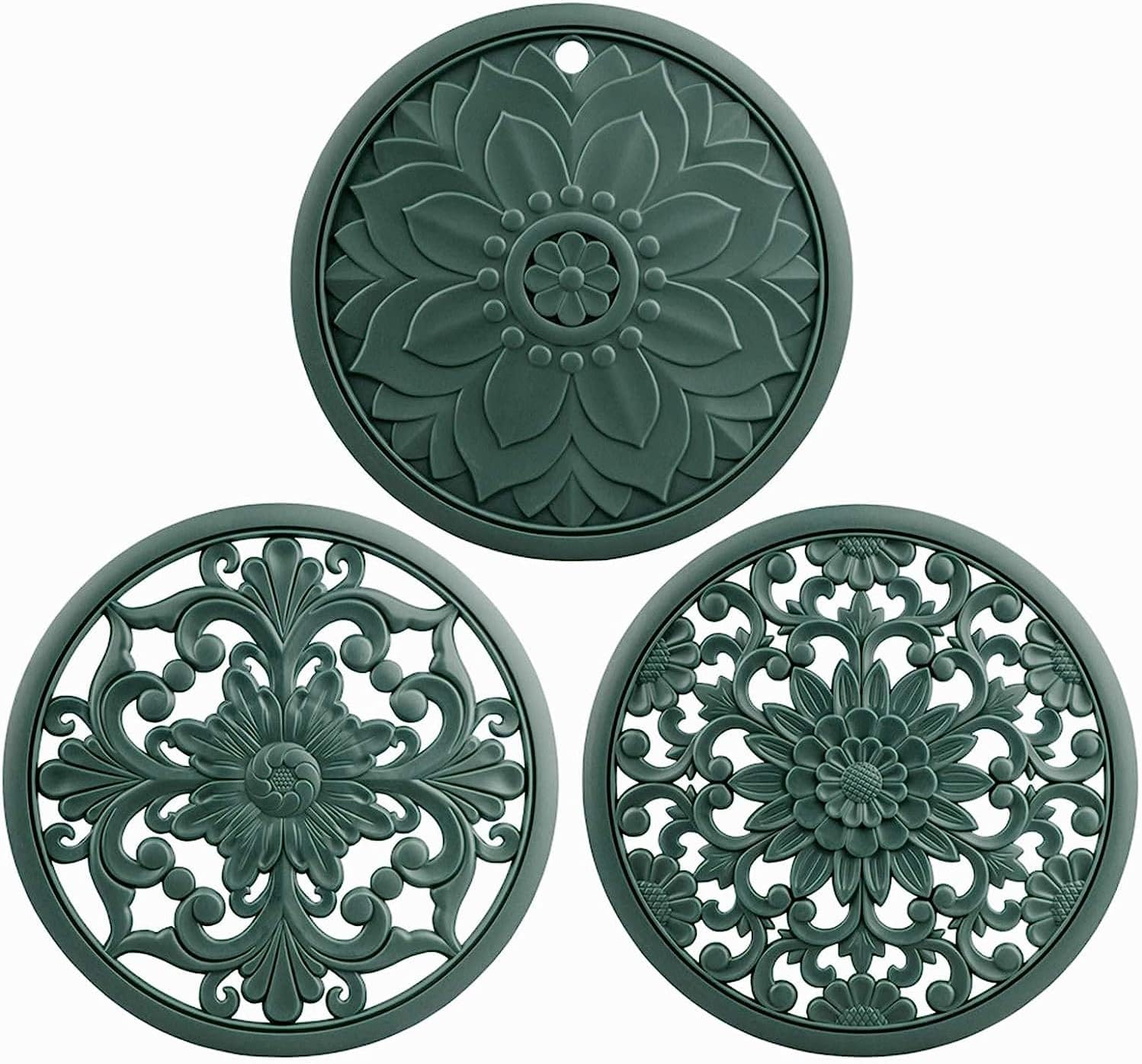 ZEMANIA Set of 3 Silicone Trivet Mats,Multi-Use Intricately Carved Hot Pot Trivets for Hot Dishes,Kitchen Mats,Table Mats, Flexible Durable Non Slip & Heat Resistant Kitchen Hot Pads Coasters (Green)