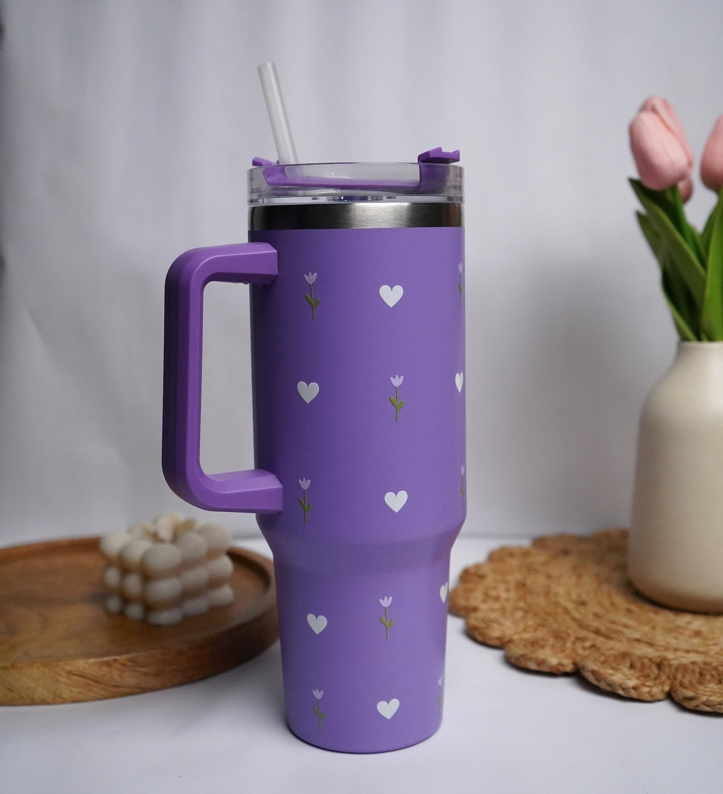 Najarat 1200ML Stainless Steel Tumbler Hot and Cold with Handle and Lid and 2 Straws, Double Insulated Cup Leak Proof Mug Cupholder for Gym, Travelling (Purple)