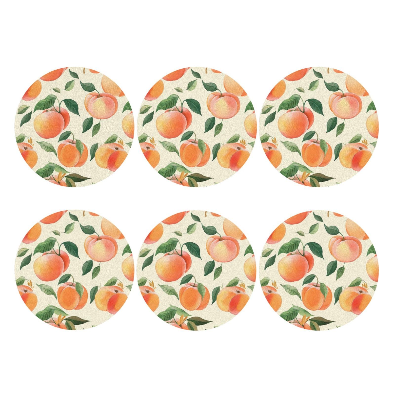 6pcs Leather Coasters for Drinks, Peach Drink Coasters for Tabletop Protection, 4" Cup Coasters for Coffee Table Decor, Non-Slip Drinking Cup Mat for Hot Or Cold Drink