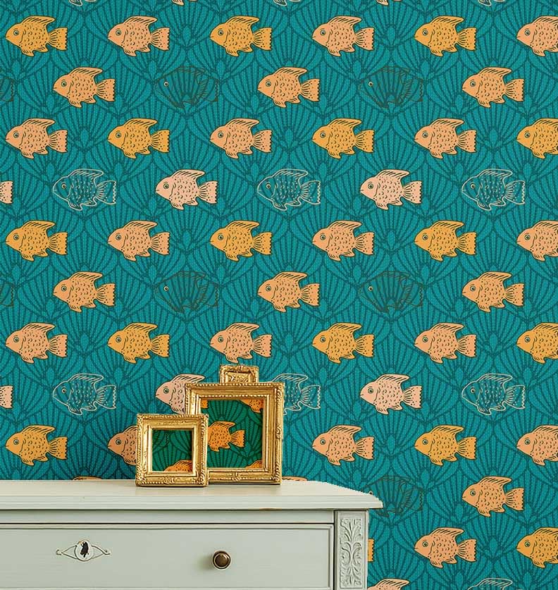 Papier peint poissons marins repositionnable pour éviter les bulles et ratés