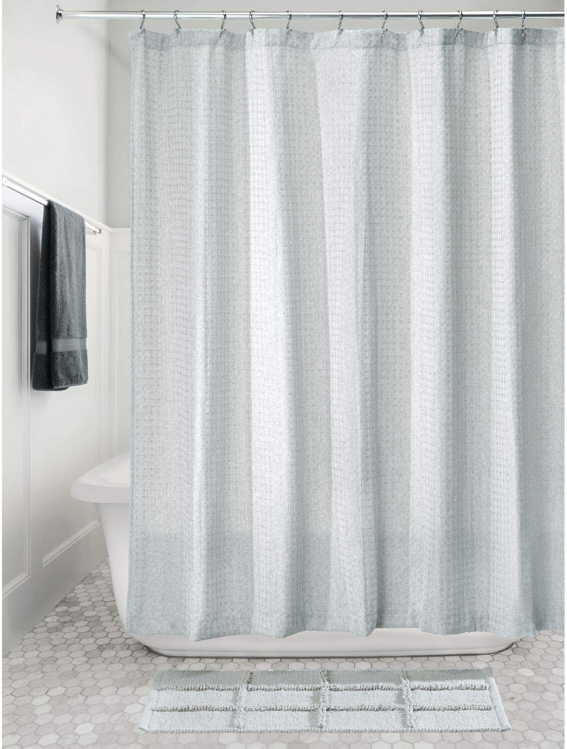InterDesign Waffle Weave Fabric Shower Curtain, Luxury Hotel Style for Master, Guest, Kids' Bathrooms, Bathtubs, Stalls, 72" X 72", Heathered Spa Blue