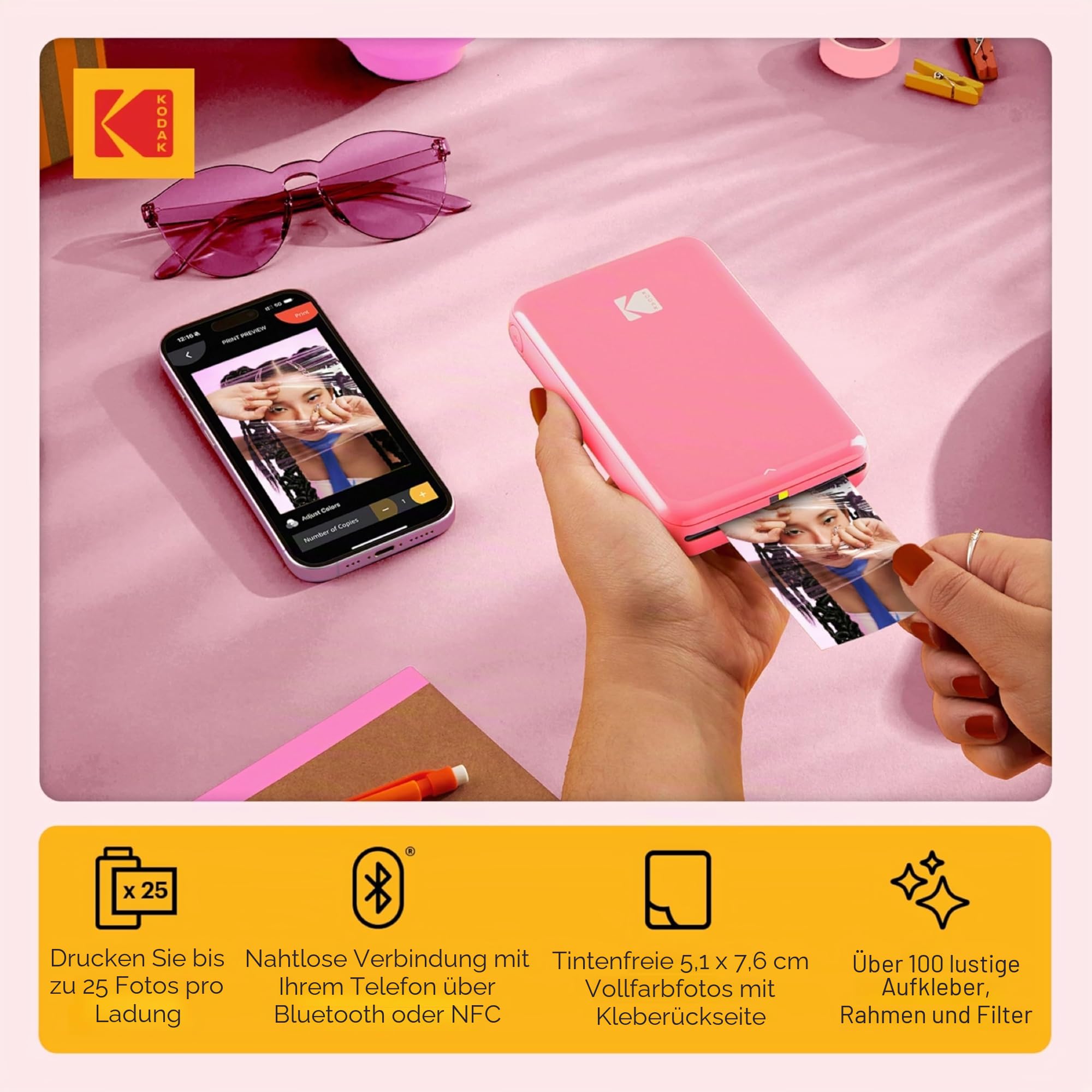 KODAK Step Drahtloser mobiler Fotodrucker Zink-Technologie Rosa Reiseset