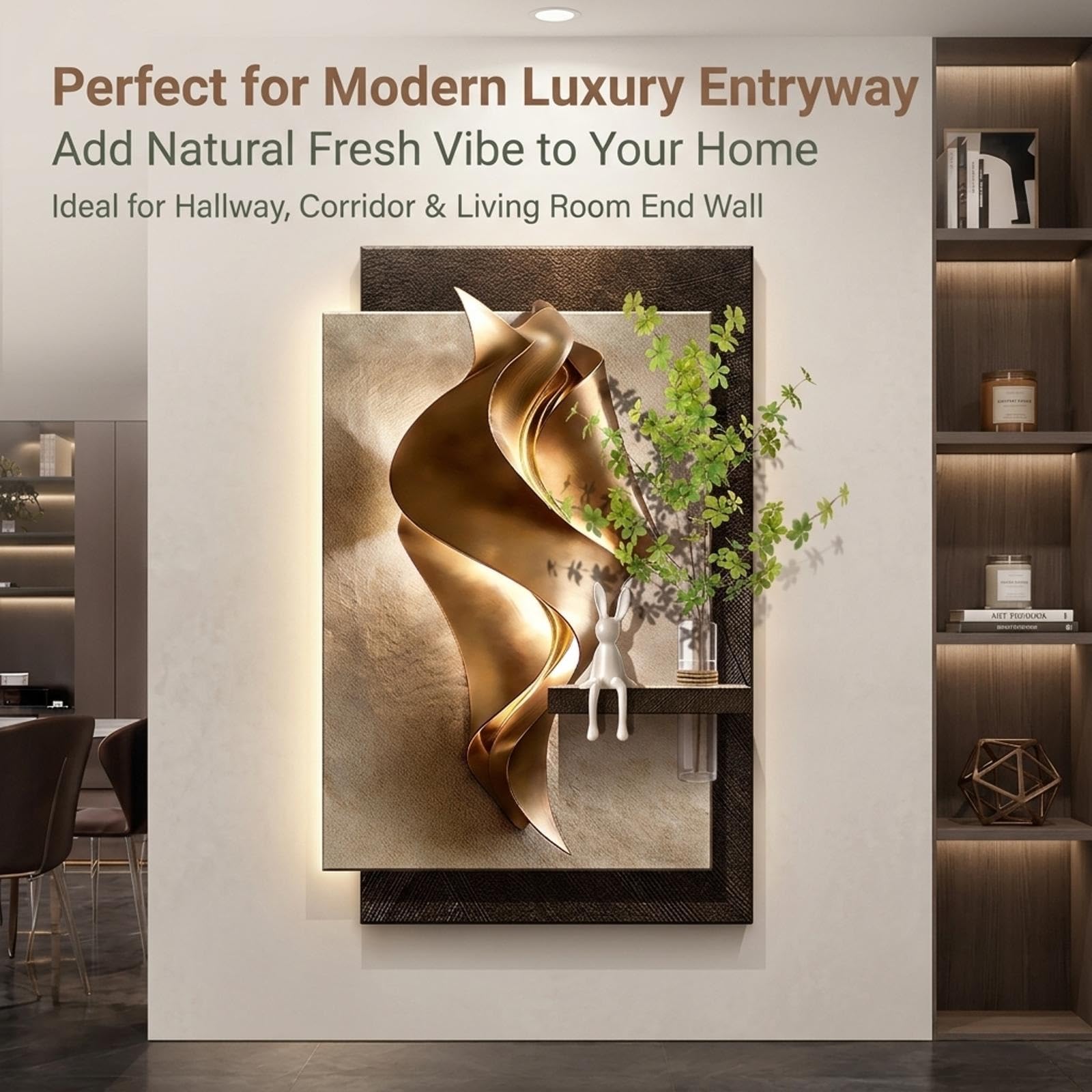 Wanddeko mit LED-Licht & Vasen, Moderne Wandkunst für Wohnzimmer | Sandstein-Finish, 3D-Struktur, LED-Ambiente, Eingangsbereich(Color D,50x100cm/20x39in)