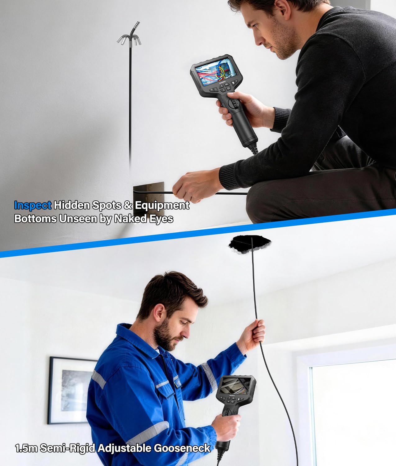 WADEO Cámara endoscópica giratoria con luz, cámara de inspección IPS de 4,3'' y 1920P, cámara Flexible Impermeable de 6,5 mm, cámara Tubular, cámara de inspección Digital HD