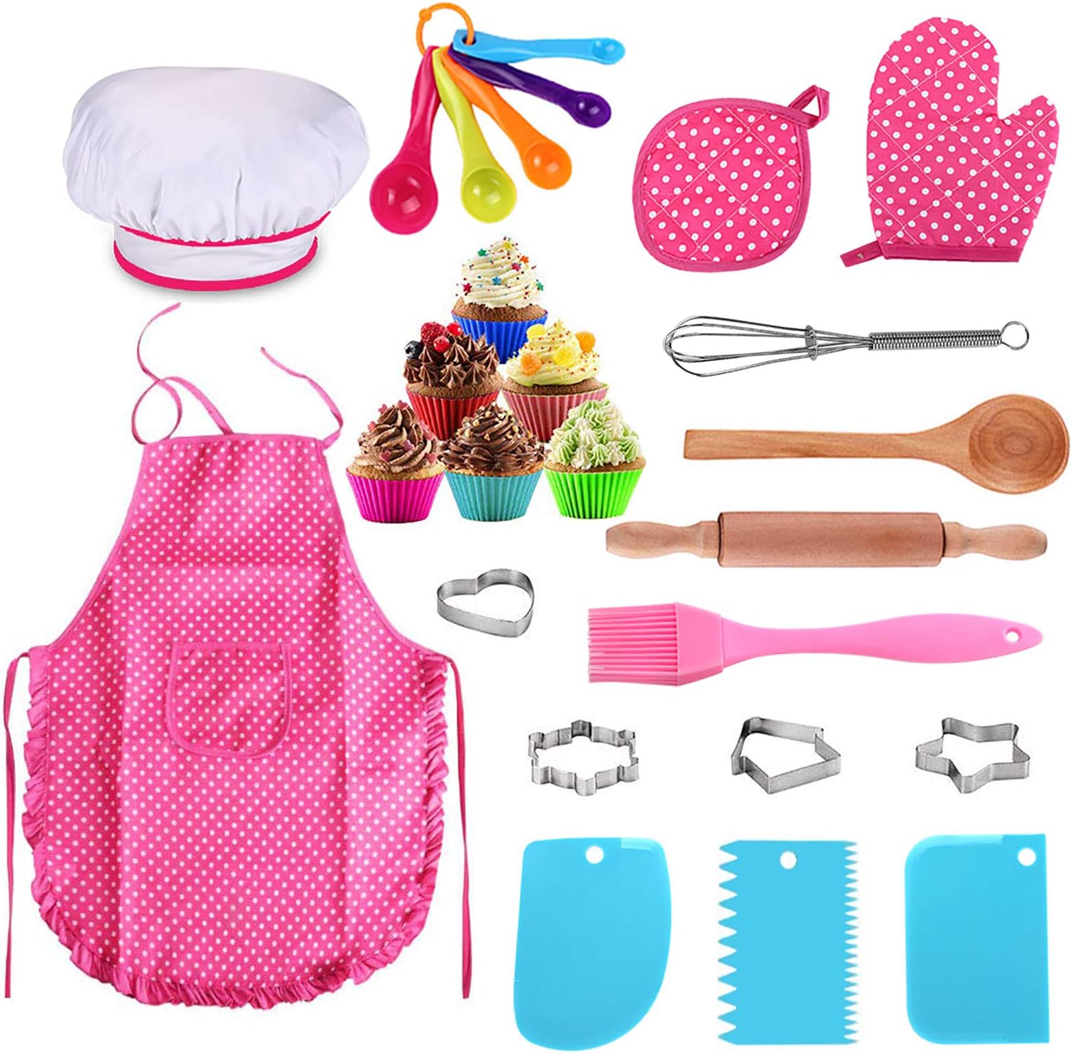 25Pcs Chef Set for Kids, Kitchen Cooking and Baking Kits, Dress Up Role Play Toys, Apron, Chef Hat, Oven Mitt, Wooden Spoon, Cookie Cutters, Silicone Cupcake Moulds for Little Girls Gift - Pink