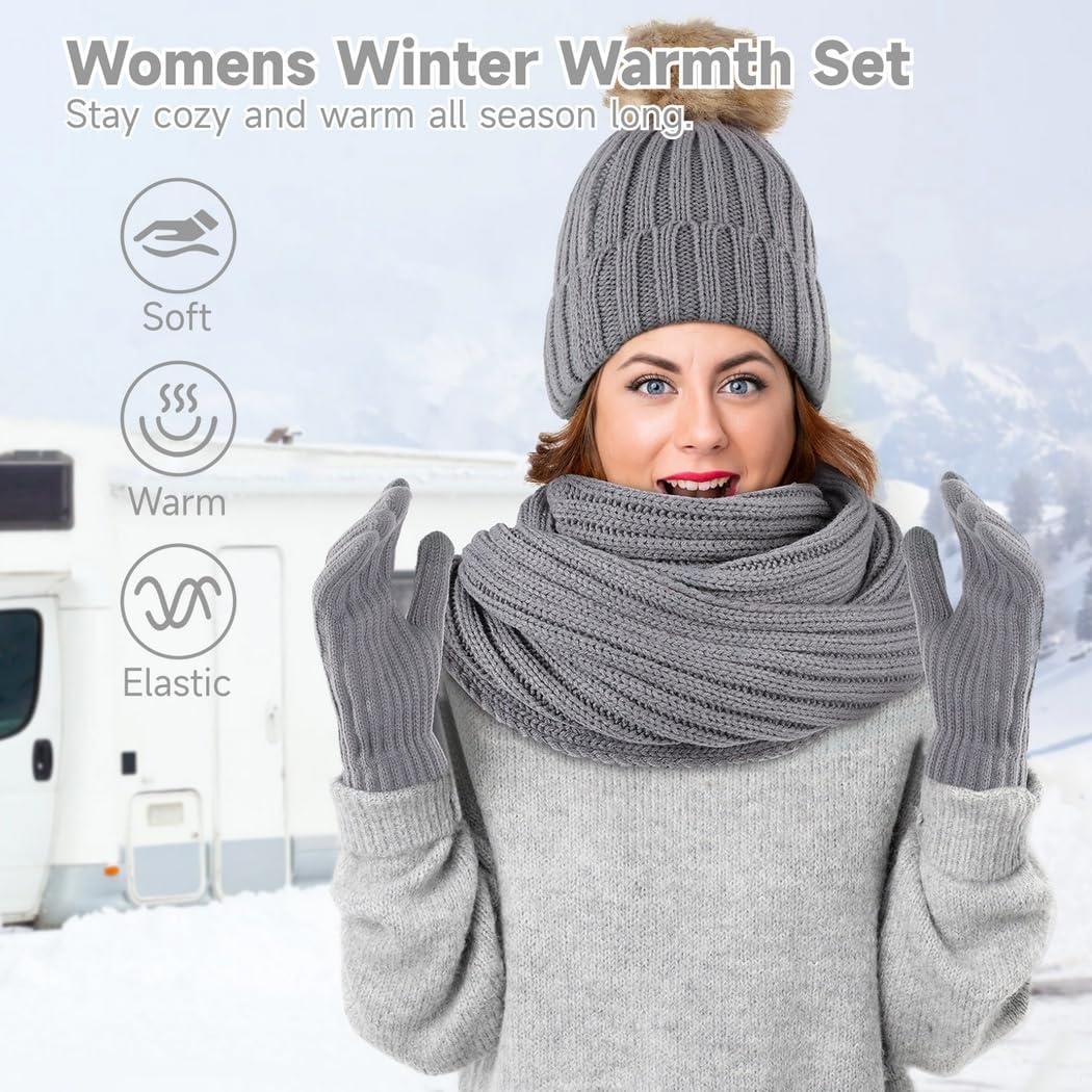 Cozy Women'S Winter Set: Beanie With Velvet Lining, Loop Scarf, And Touchscreen Gloves