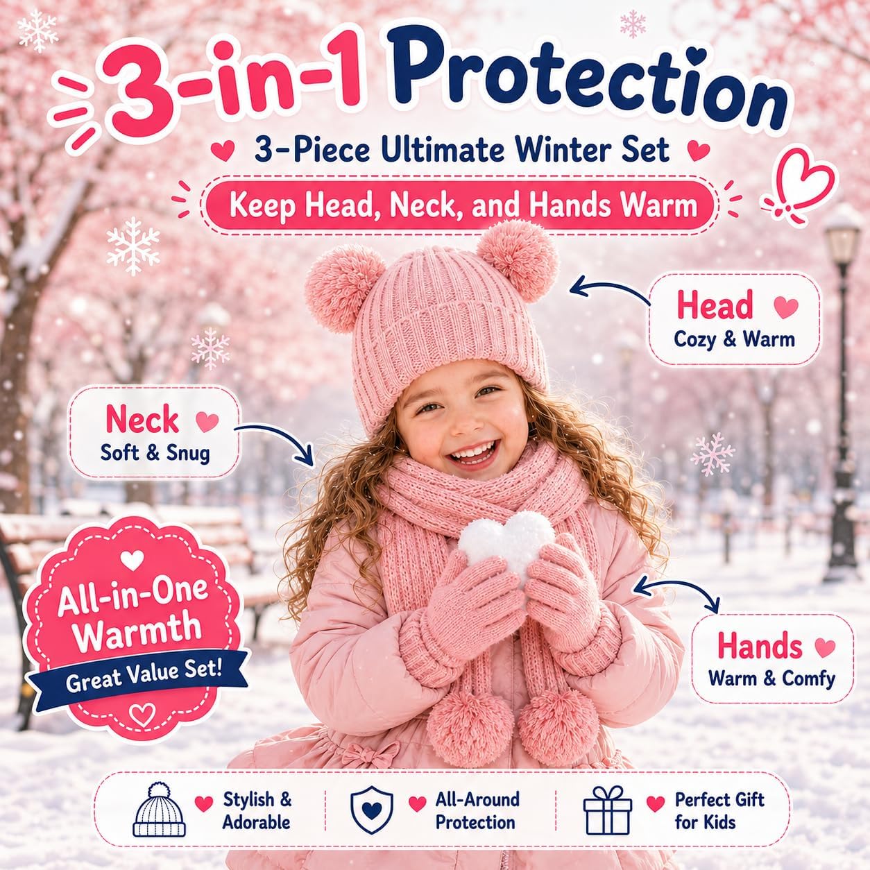 Kids Winter Hat Gloves Scarf Set, Double Pom Beanie Warmer Mittens Fleece Lined 3-Piece Set for Boys Girls