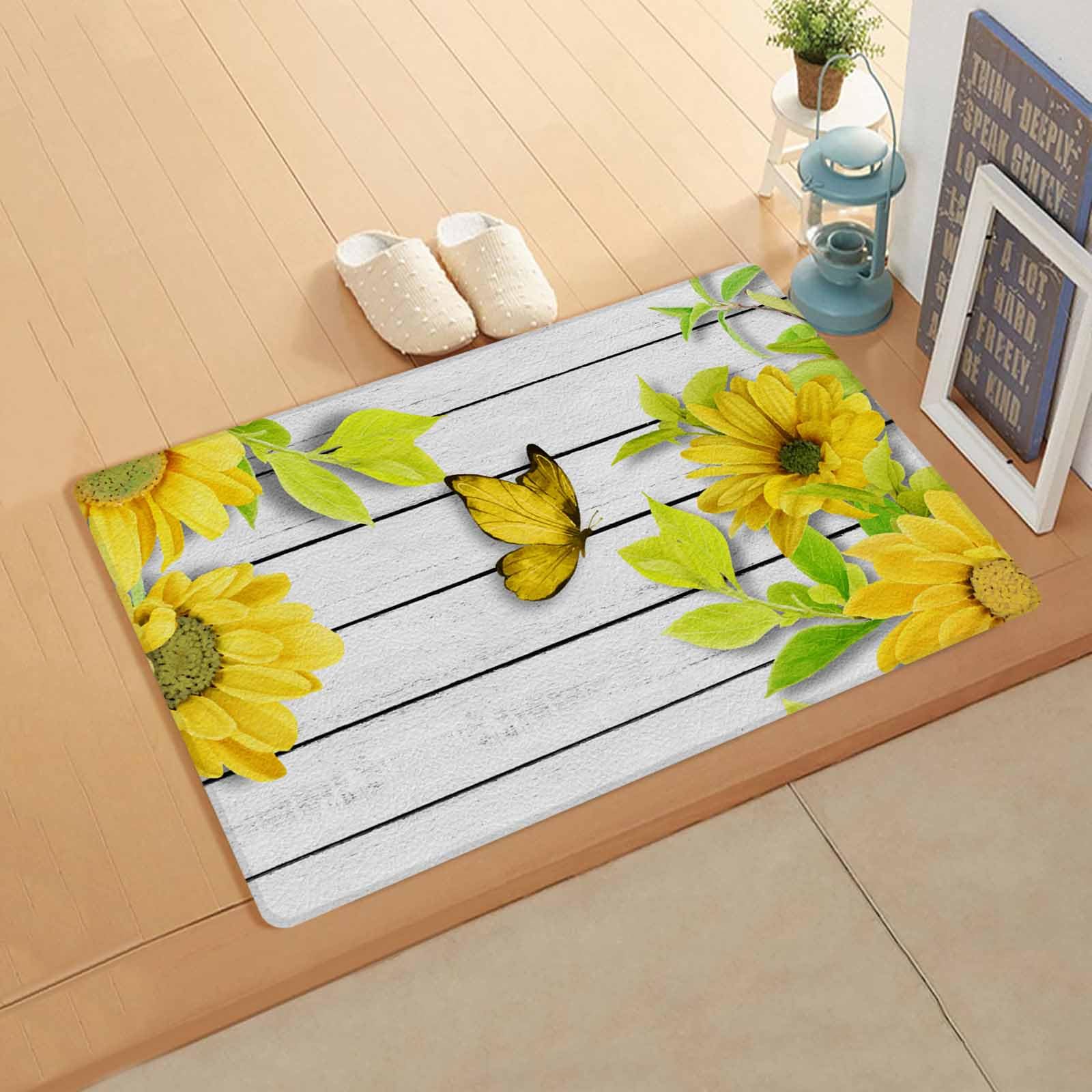 Yellow Sunflower Kitchen Bath Door Mat Cushioned Runner Rug,Washable Welcome Floor Sink Antifatigue Mat,Waterproof & Non-Slip Comfort Standing Doormat,Farmhouse Country White Wood Grain 20