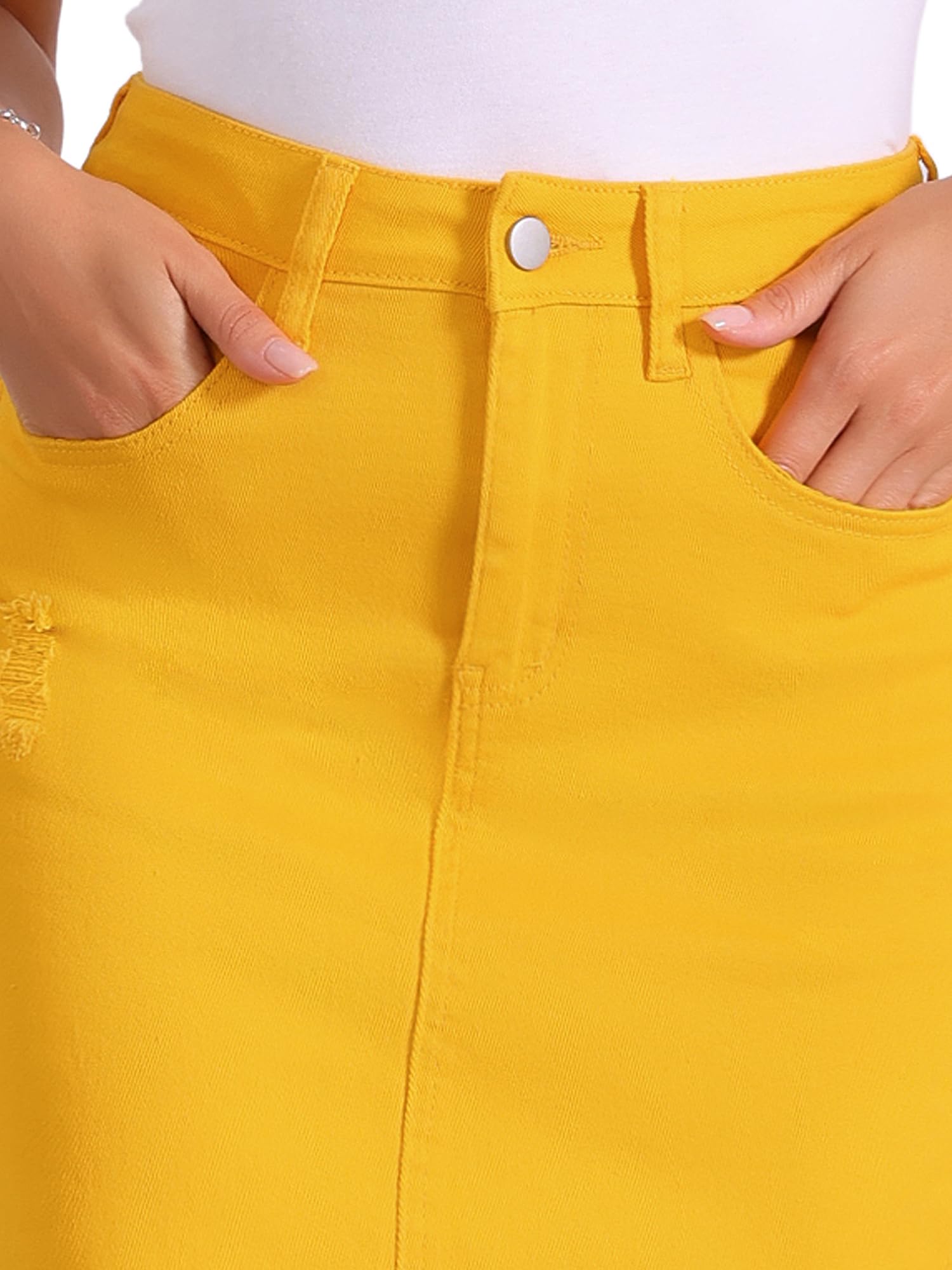 Allegra K Falda vaquera básica desgastada de cintura alta con bajo rasgado y lavado para mujer, Amarillo, XL