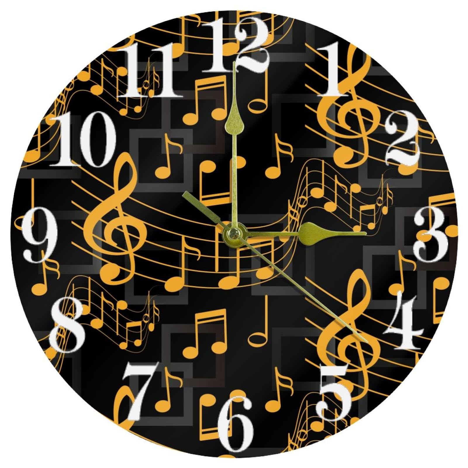 Horloge murale ronde musique jaune fond sombre silencieuse pour maison