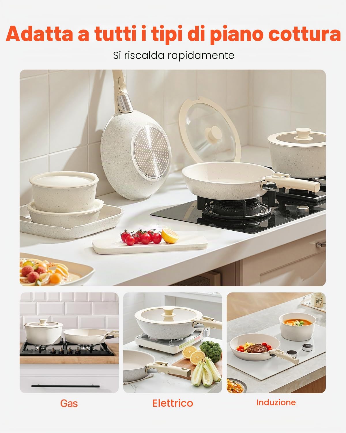 VEVOR Pentole e Padelle Antiaderenti, con Manico Staccabile, Set di Pentole a Induzione da Cucina per Camper, con Frittura, Coperchi in Vetro Temperato, Adatti Forno, Bianco 17 Pezzi