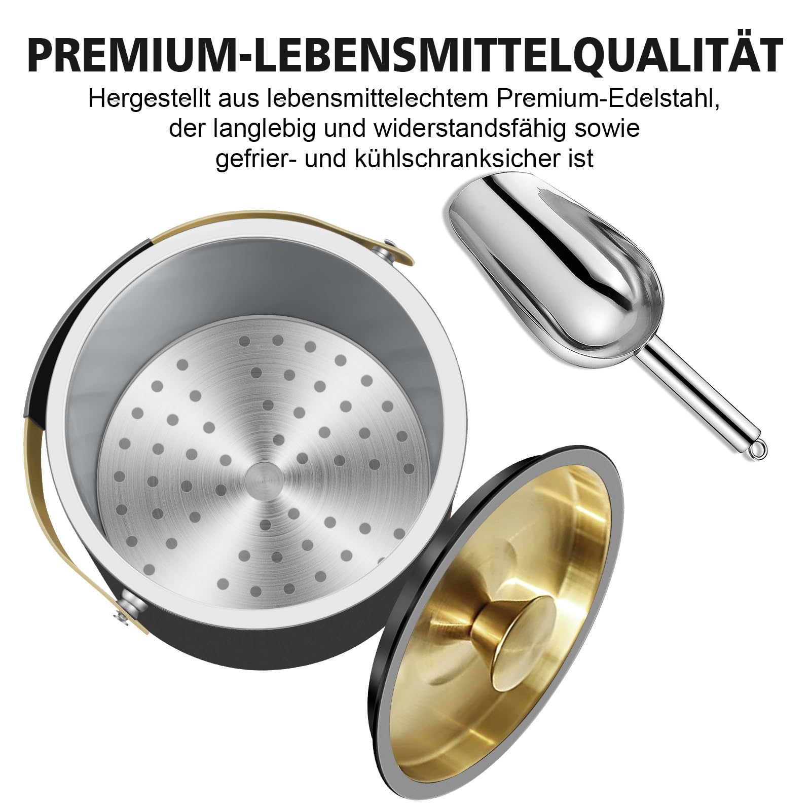 Secchiello per il Ghiaccio da 3,2 L con coperchio in silicone, pinze e colino, a doppia parete in acciaio inox isolato per feste e cocktail bar, mantiene il ghiaccio