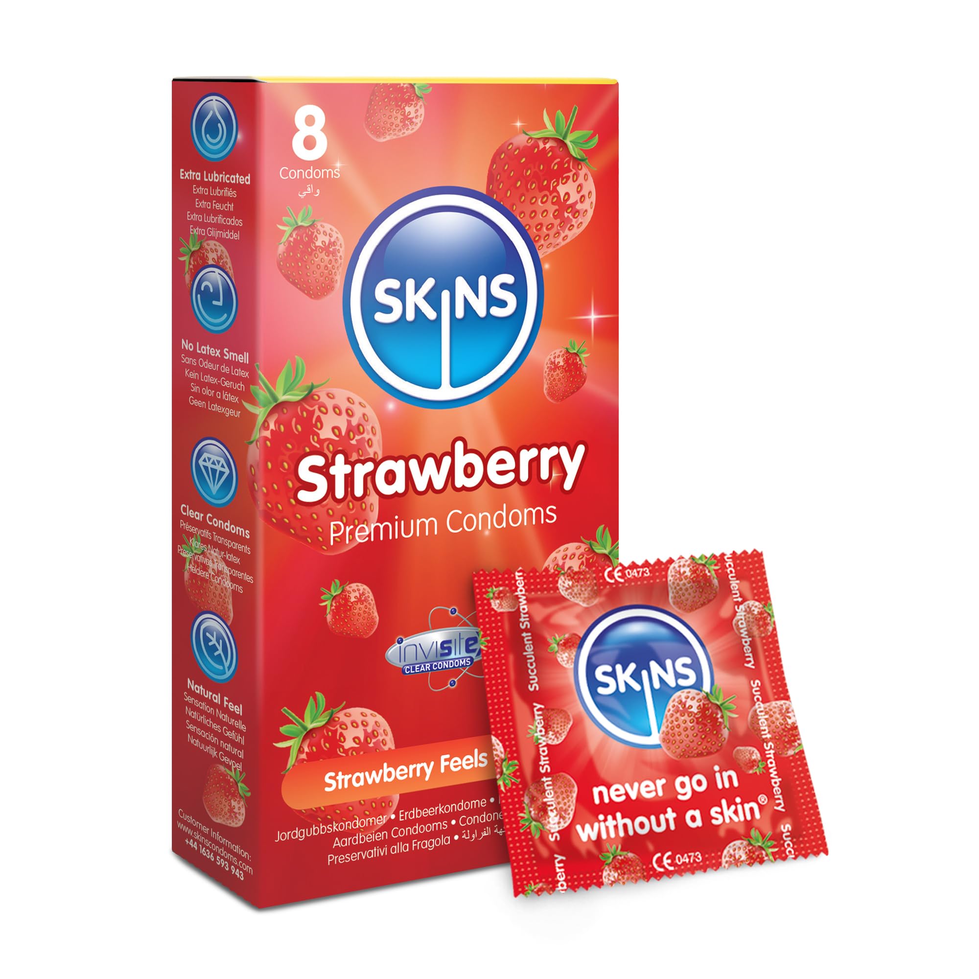Skins Strawberry Flavoured Condoms Thin Extra Feel, 8 Pack of Premium Skins Flavoureds Extra Safe Pleasure Condom for Adults, Ultra Thin for Oral Extra Pleasure
