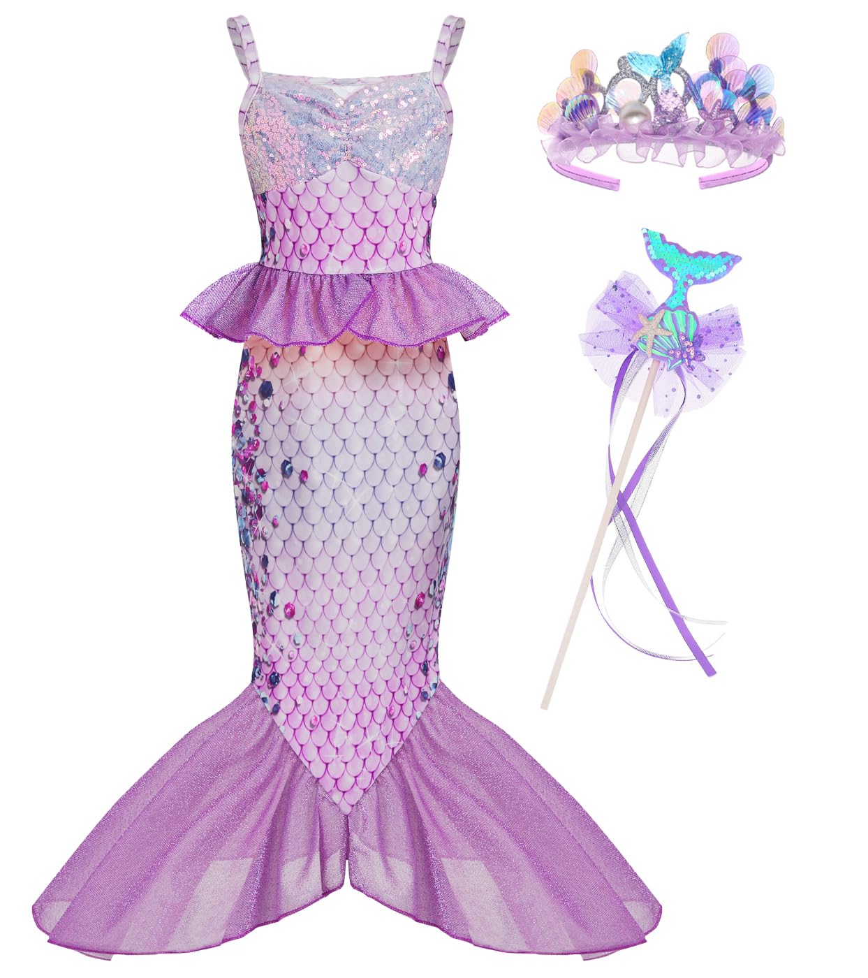 Mermaid Costume for Girls, Little Mermaid Dress, Princess Dress Up for Girls 3-12 for Dress Up Birthday Gift