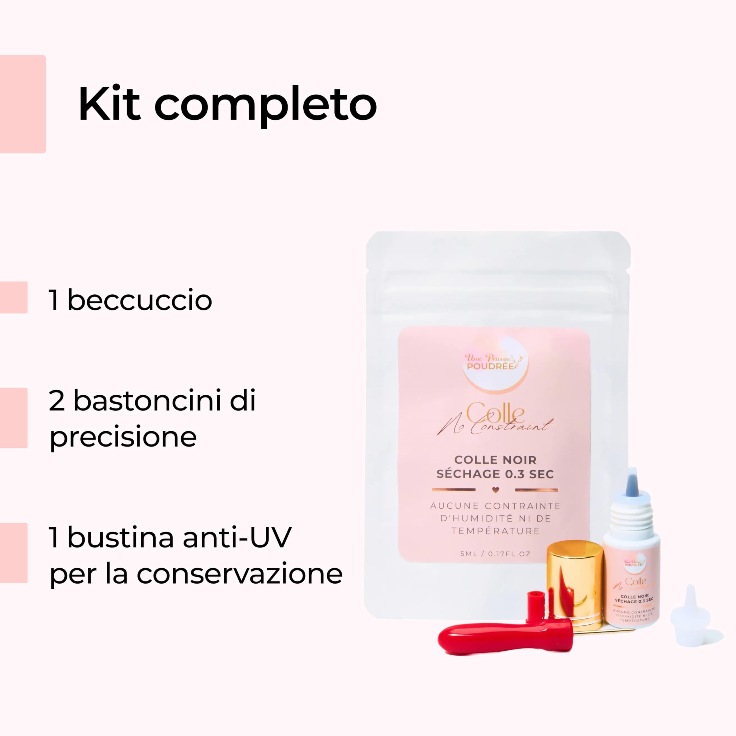Una pausa in polvere – NoConstraint colla nera professionale ad asciugatura rapida 0,3 s – alta ritenzione estensione ciglia finte – senza vincoli né umidità né temperatura, consistenza leggera, fumo