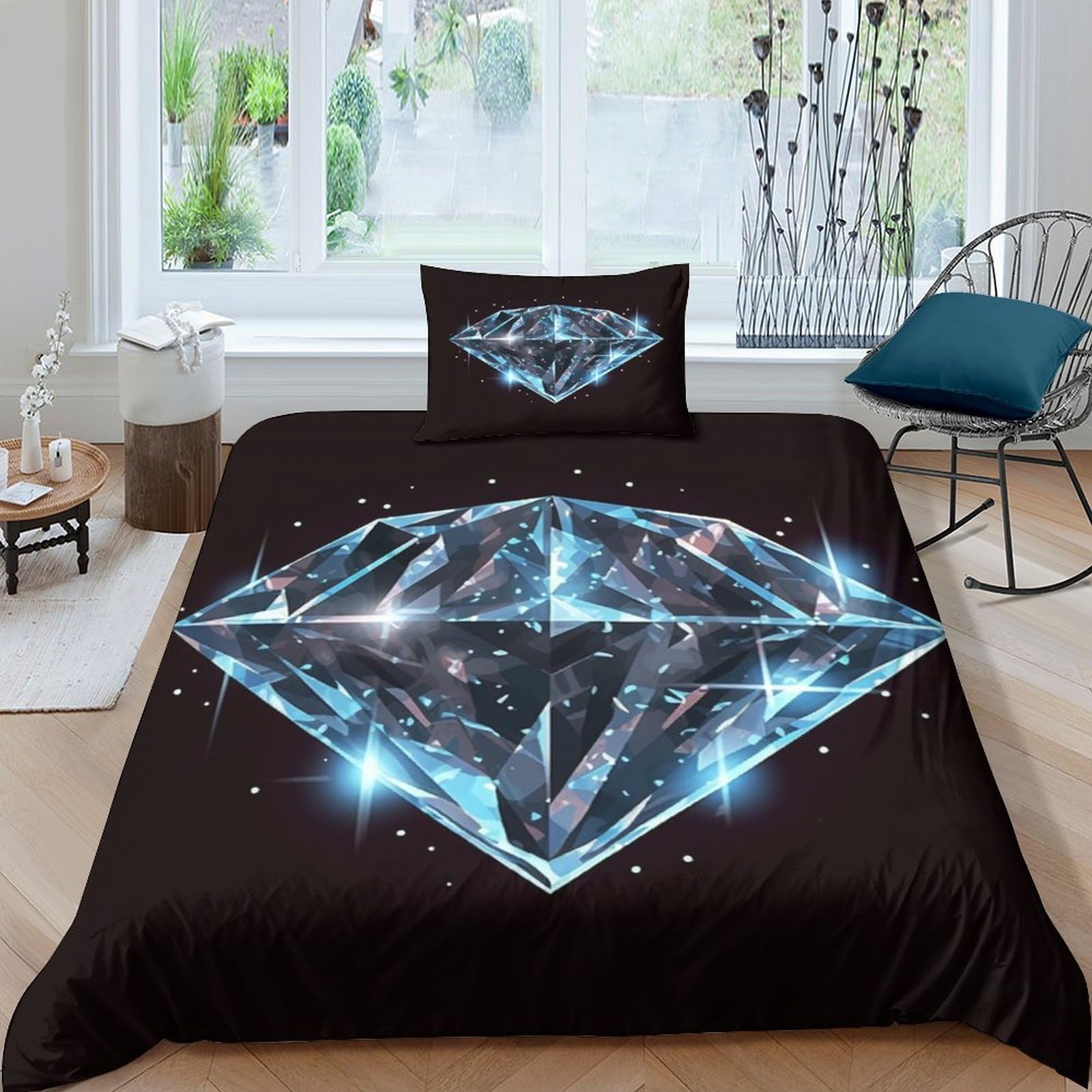 Housse de couette microfibre motif diamant 3D avec taie d'oreiller 135x200