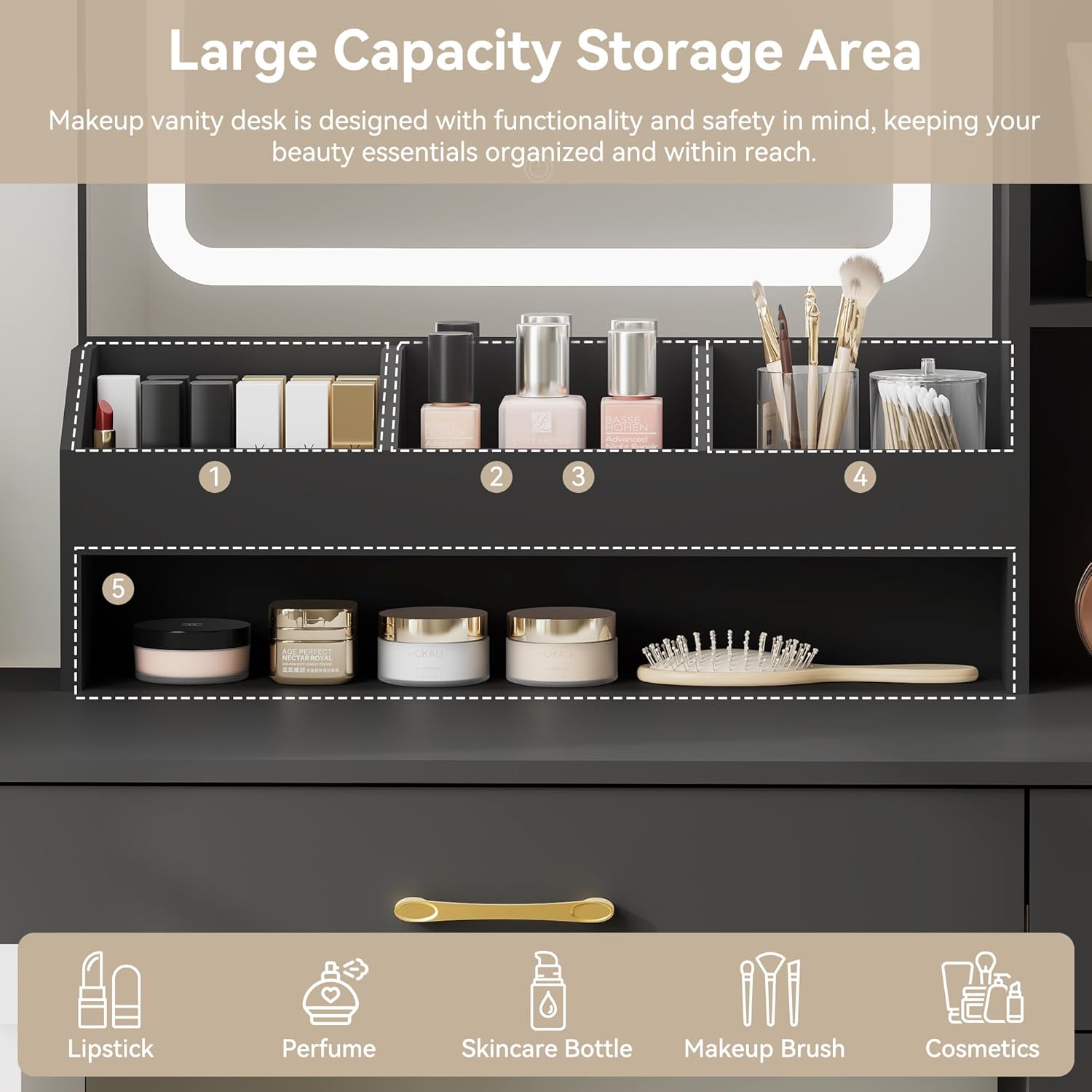 Various storage compartments of the vanity desk
