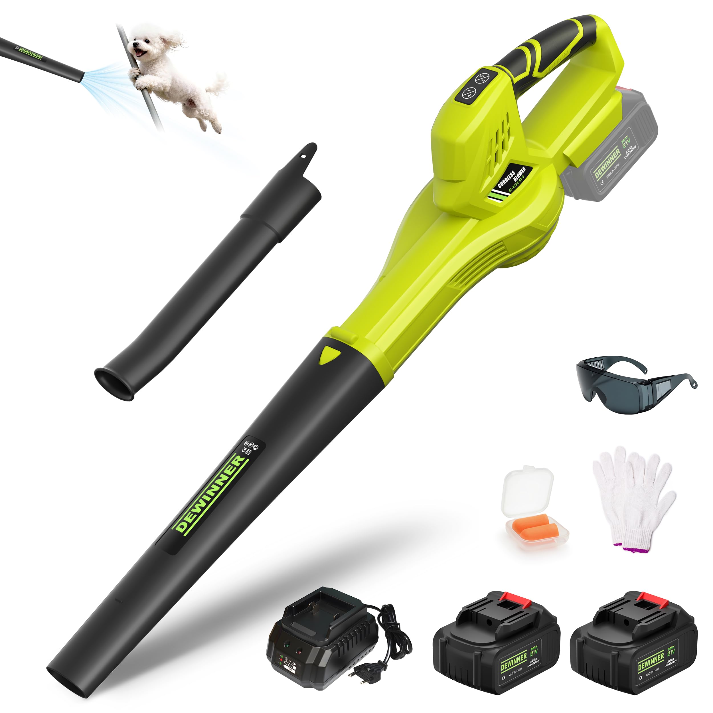 DEWINNER Soffiatore di Foglie Senza Fili, 2 Batterie 4.0Ah, 210 km/h, 6 Velocità Regolabili, 2 Tubi Smontabili, Kit Completo, Professionale per Giardino, Compatibile con Batterie Makita (Verde)