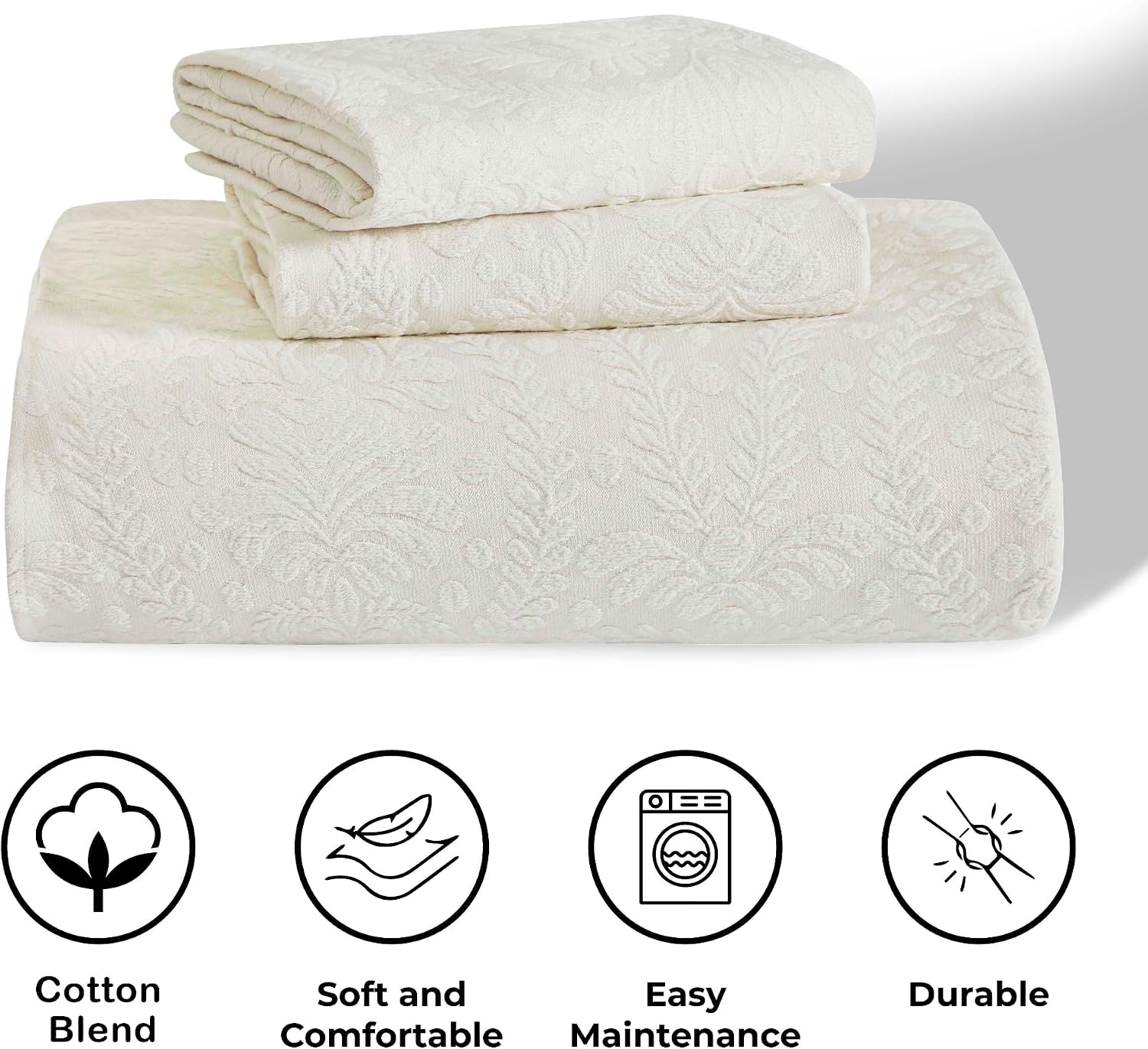 Superior Aspen Cotton Blend 3 Piece Bedspread Set, Oversized Bedspread, 2 Pillow Shams, Medium Weight Blanket, Home Bed Decor, Floral Scalloped, Matelasse Coverlet, Bedding Essential, Full, Ivory