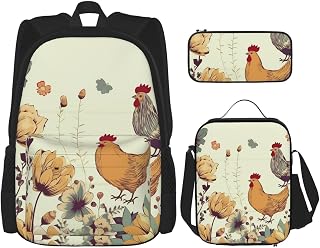 3 in1 Travel Laptop Backpack with Lunch Bag and Pencil Case Casual Daypack | Backpack For Men Women Laptop Bags Lunch Box Pen Bag Set Hen Flying Butterflies Among Flowers Travel Rucksack