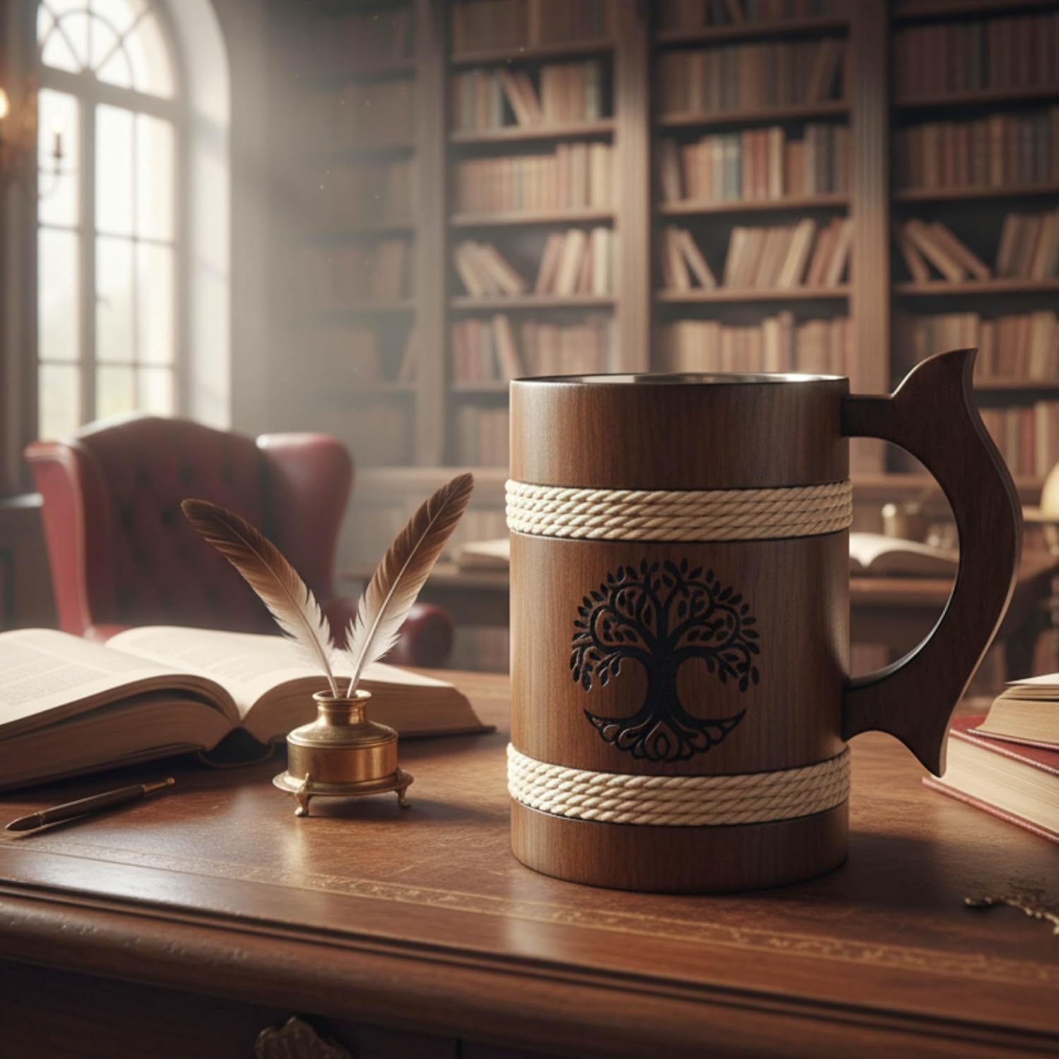 Handcrafted Wooden Mug with Metal Lining – Tree of Life Engraving | Rustic Coffee, Tea & Beer Cup | Braided Rope Accents | Unique Gift for Men & Women