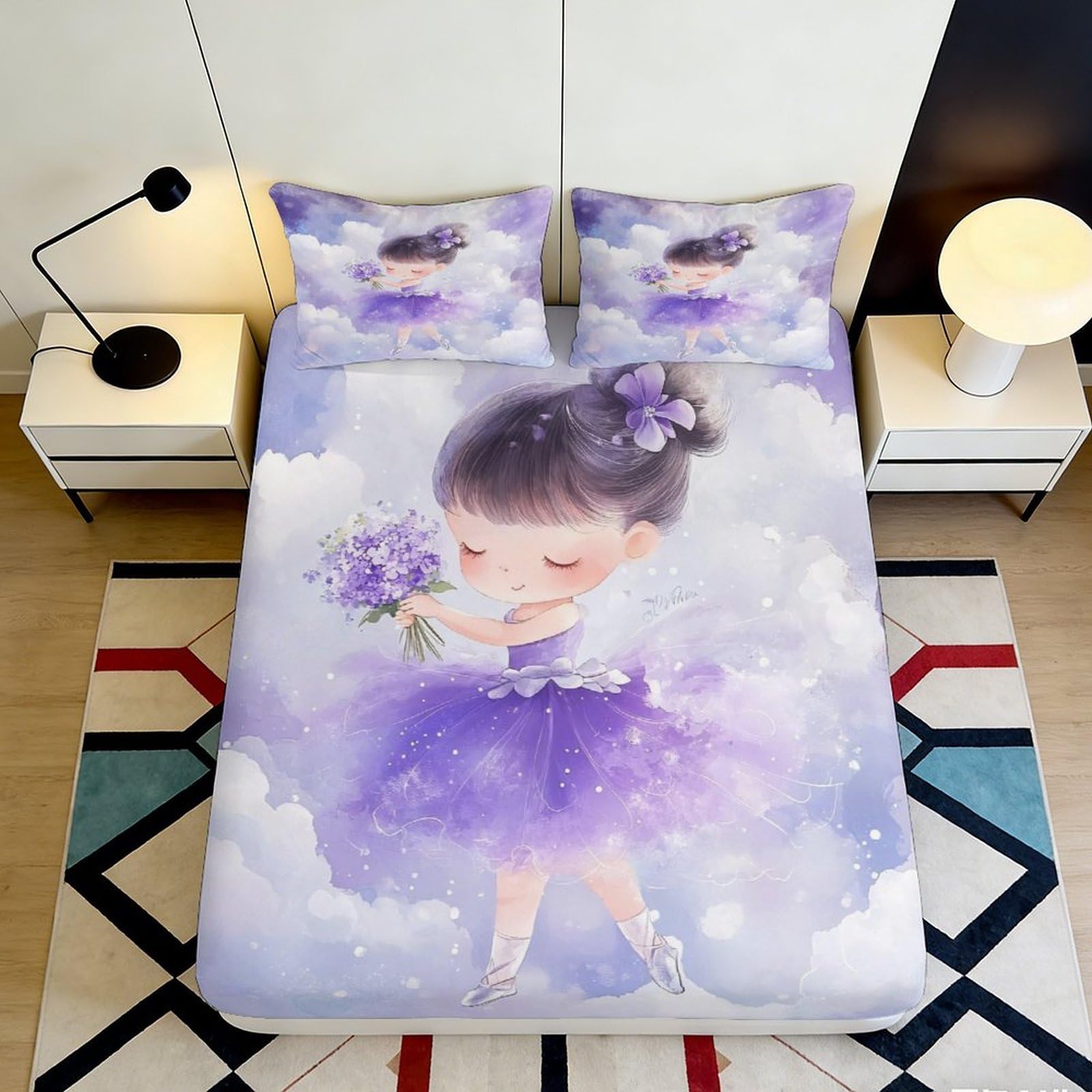 Ctjqhvmx Girls Style-4 3D Printed Purple Dream Fitted Sheet Microfiber Deep Pocket Bedroom Bedding Set Non-Slip Cloud Mattress Fitted Cover Washable 90X200x25cm 90X200x25cm
