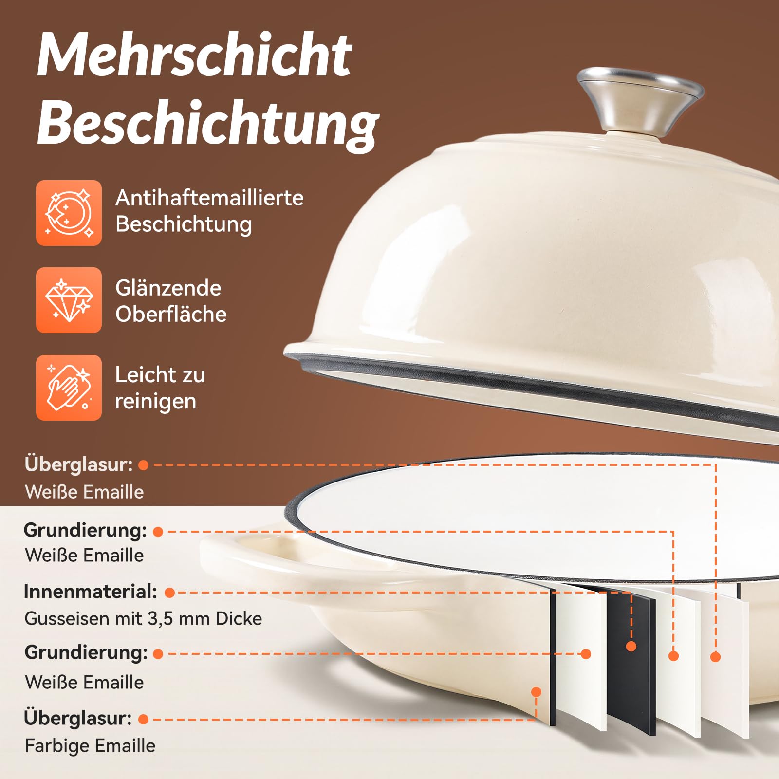 Warmiehomy Gusseisen Topf, 4.4L Emaille Brotbacktopf mit Gewölbter Deckel