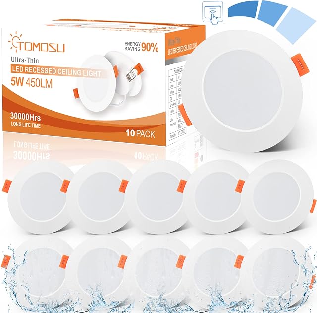 Tomosu LED Recessed Ceiling Lights Dimmable, Cool White 6000K, IP44 LED Downlights Ceiling 5W 450LM, 220-240V, Cut Φ78-85mm, 24mm Ultra Slim for Bathroom Bedroom Kitchen Living Room, 10 Pack