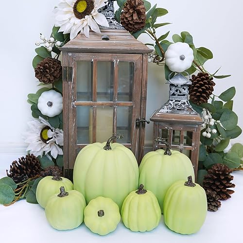 Miniatura 6 de Winlyn 7 calabazas artificiales de cosecha de color verde claro surtidas para Acción de Gracias, Halloween, otoño, mesa de boda, centro de mesa,