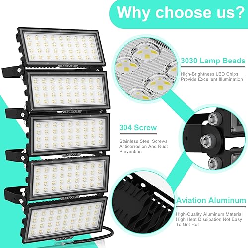 Miniatura 2 de Luces de estadio de 500 W, luz de inundación LED para exteriores, 65000 lúmenes, equivalente a 3000 W, 6500 K, luces LED súper brillantes,