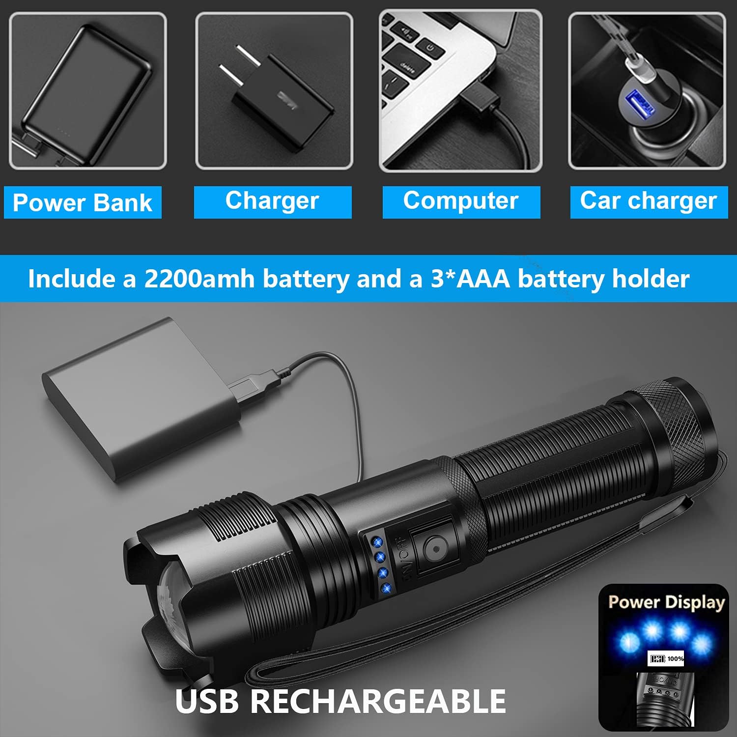 Rechargeable Flashlights 2 Pack High Power XHP50 Flashlights 8000 High Lumen IP65 Waterproof, Zoomable, 5 Modes, Super Bright LED Tactical Flashlight for Emergency Camping(Battery Include) : Tools & Home Improvement