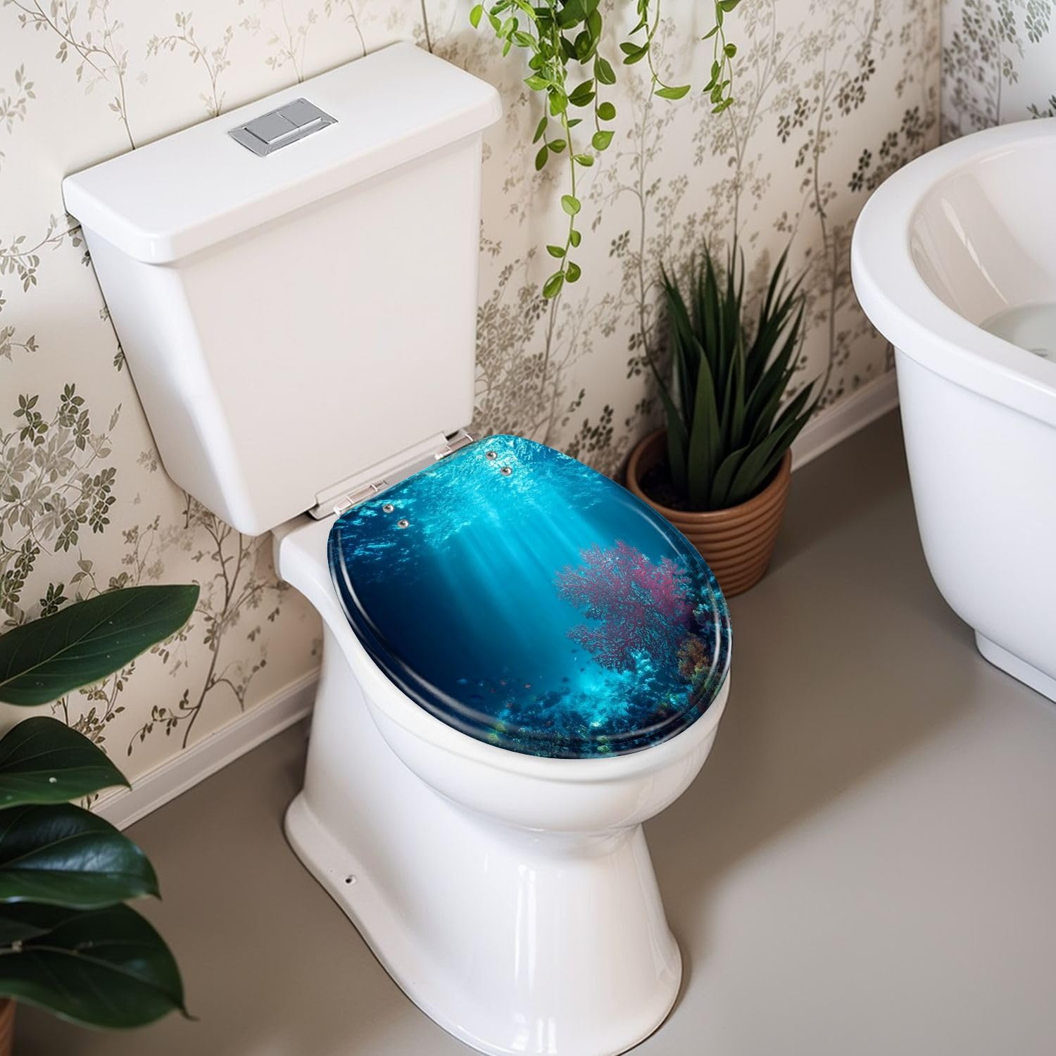 Asiento de inodoro redondo sin marca con diseño floral de vidrieras para