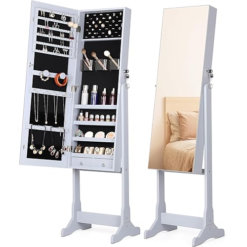 Nicetree Jewelry Cabinet with Full-Length Mirror, Standing Lockable Jewelry Armoire Mirror Organizer, 3 Angel Adjustable, Grey