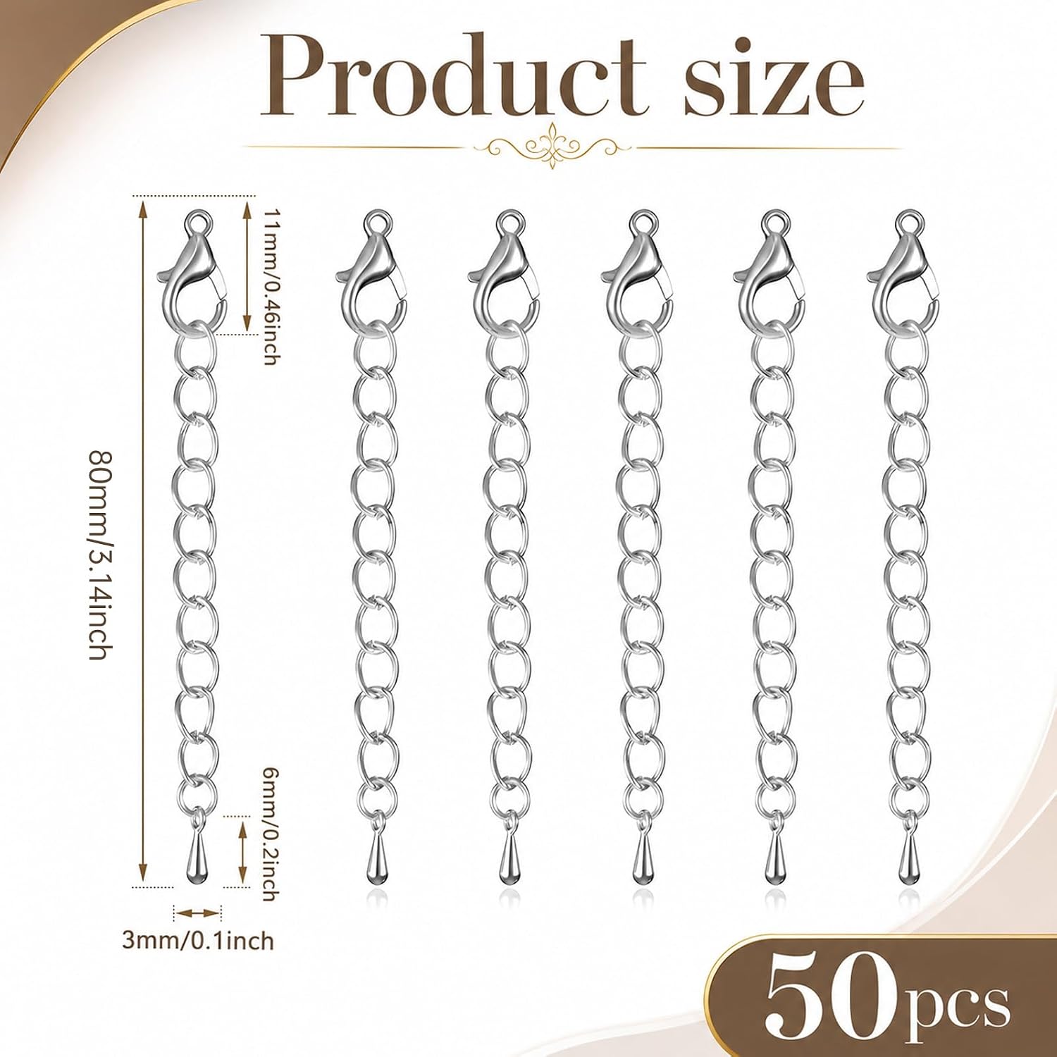 50 PCS Silver Extender Chain for Jewelry Making, 3" Necklace Chain Extension