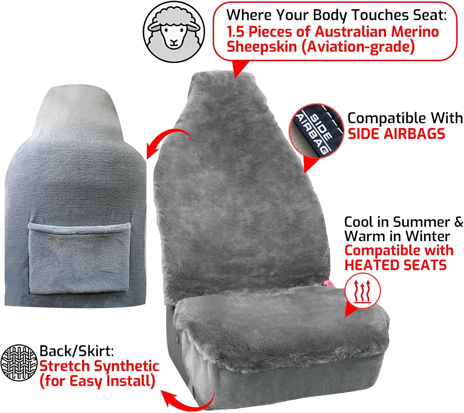 Aegis Cover Sheepskin Seat Covers, Genuine Merino Wool Front Car Cover, Luxury Dense Pelt, Universal Fit for Most Cars, SUVs, Trucks, Sedan (Grey) - Image 4