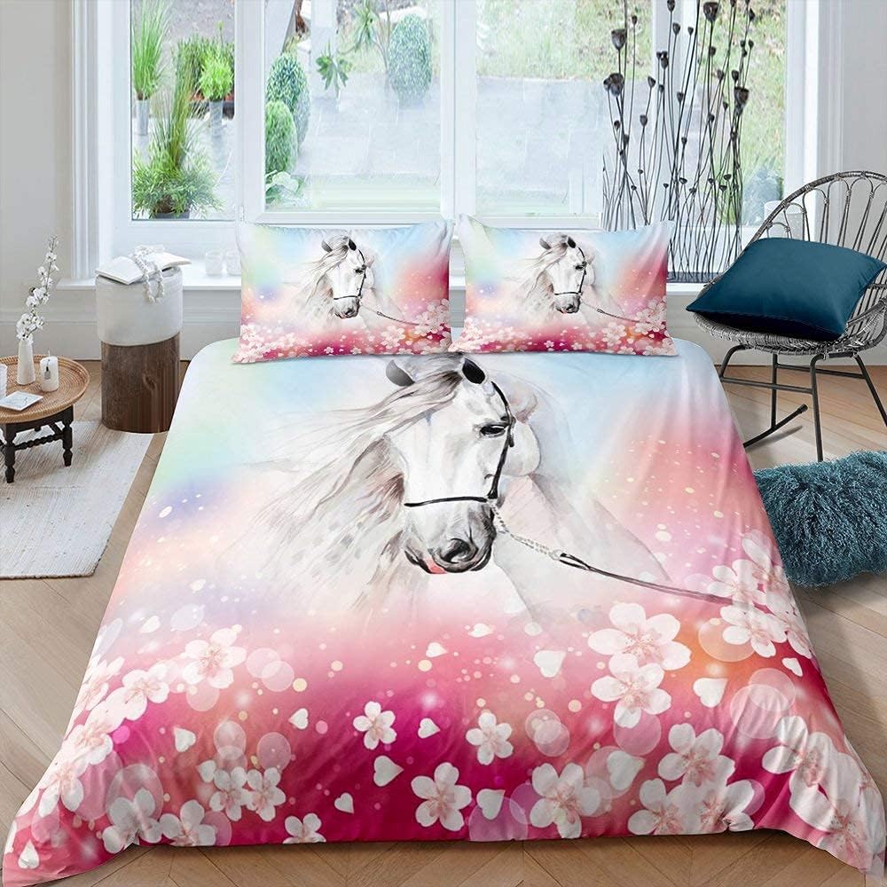 Housse de Couette 240x260 Polycoton Douce et Confortable Motif Cheval Blanc 3D