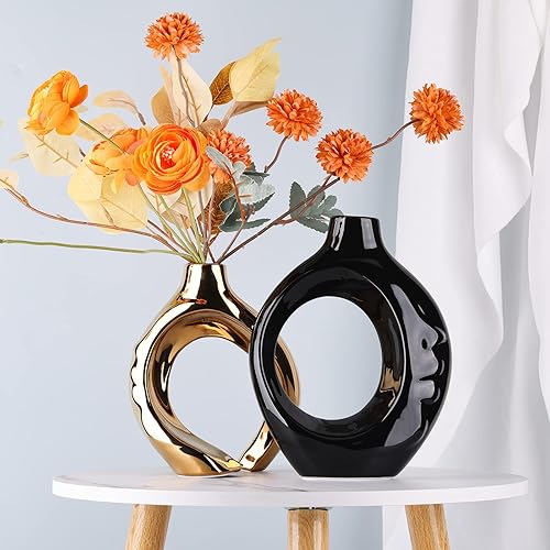 Miniatura 3 de Juego de 2 jarrones de cerámica de oro negro para decoración moderna del hogar, jarrón redondo bohemio para hierba de las pampas, estatua
