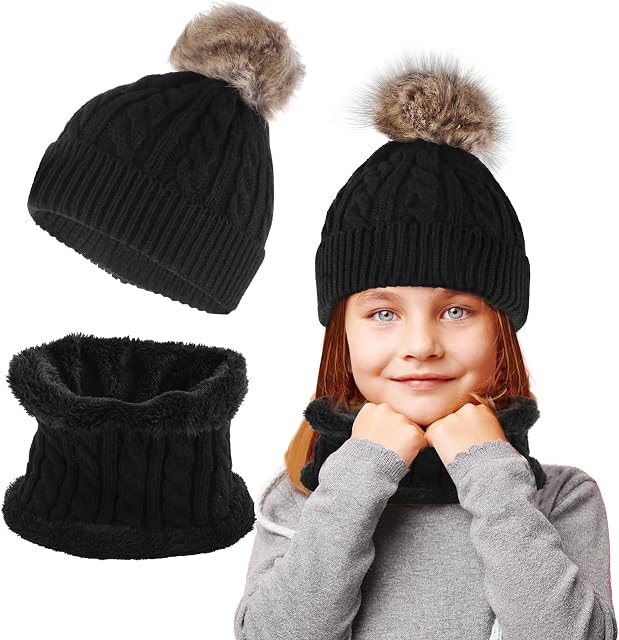 WLLHYF Kids Winter Beanie Hat Scarf Set for Kids Warm Knit Hat Thick Fleece Lined Slouchy Cap Neck Warmer for Boys Girls 1-10 Years Children Fashionable Scarves Cap Set