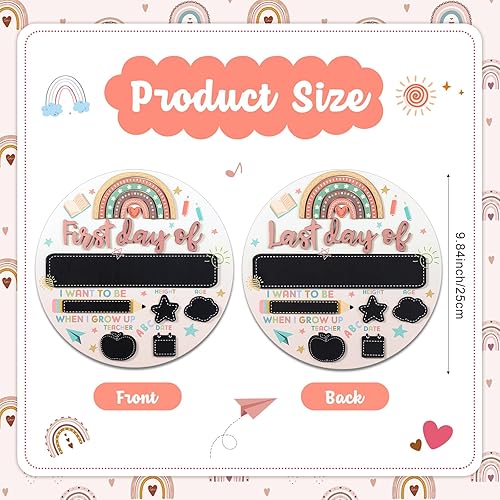 Miniatura 2 de Thyle Letrero de madera 3D para el primer y último día de escuela, reutilizable, de doble cara, redondo, arcoíris, borrable, bohemio, para el primer