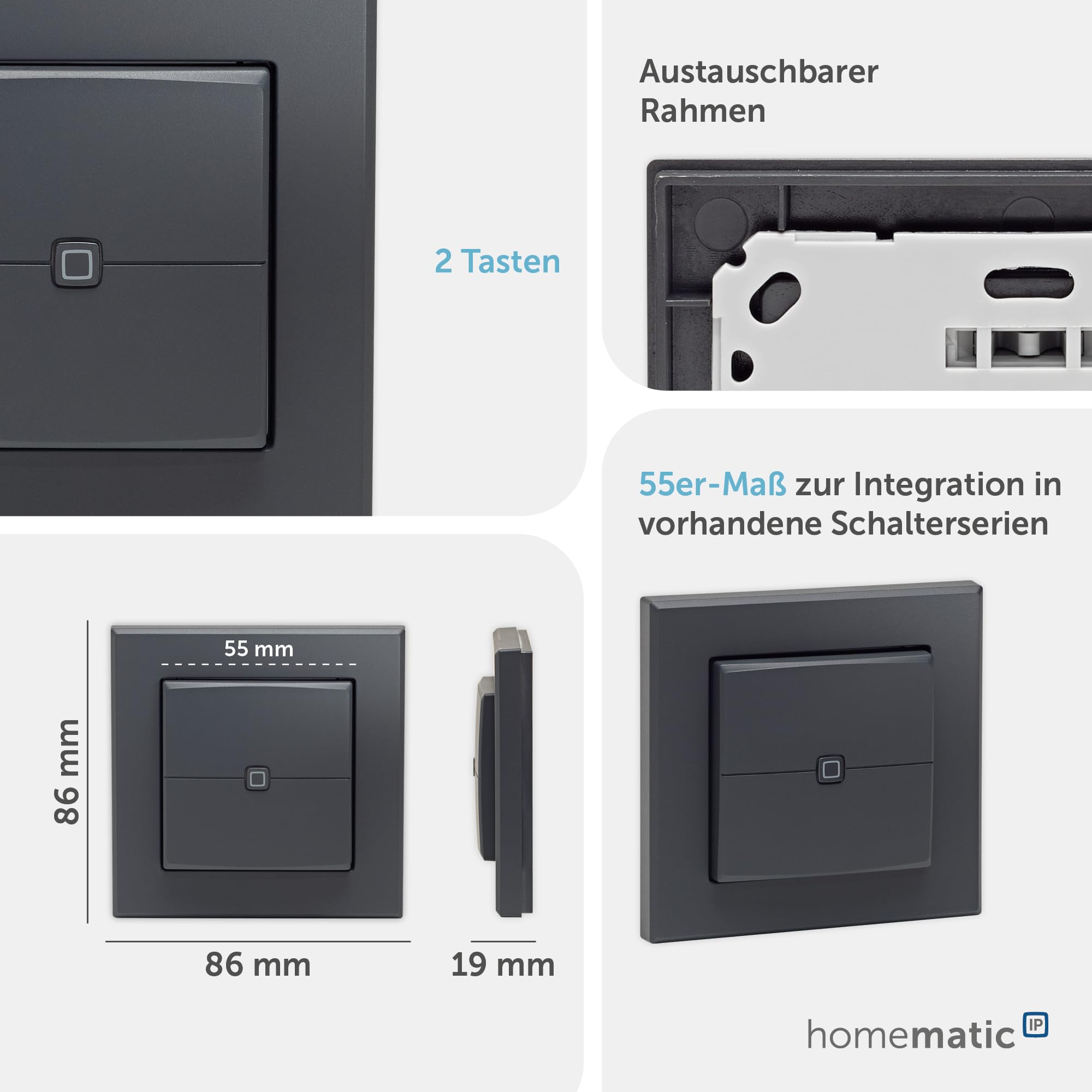 Homematic IP Wandtaster – 2-fach | Smart Home, Wandschalter, zwei Tasten, universell einsetzbar, schaltet Aktoren und Thermostate, kabellos, 161869A0