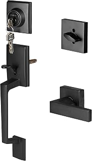 Modern Style Front Door Exterior Handleset - Lock Set Handle Hardware with Single Cylinder Deadbolt Lock and Halifax Lever - Low Profile Contemporary Design - Improved Matte Black Finish