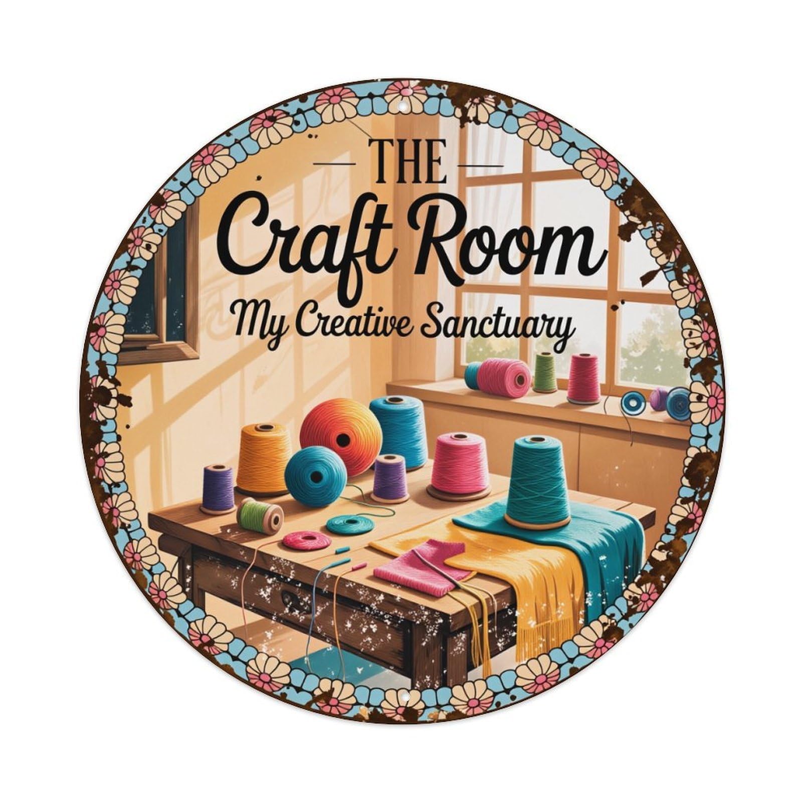 Floral Border Pattern Design Round Tin Sign Vintage Metal Poster, Home Bar Garage Man Cave Cafe Indoor & Outdoor Wall Decoration 8x8Inches