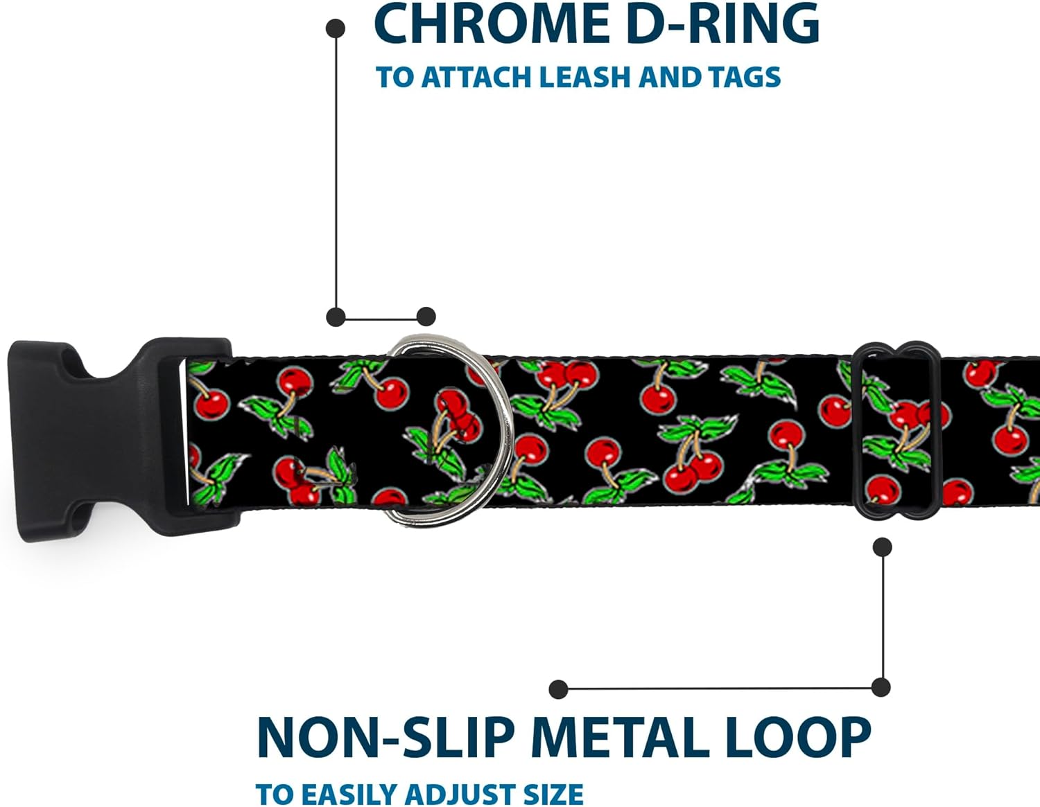 Buckle-Down Plastic Clip Collar - Cherries Scattered Black - 1.5" Wide - Fits 16-23" Neck - Medium