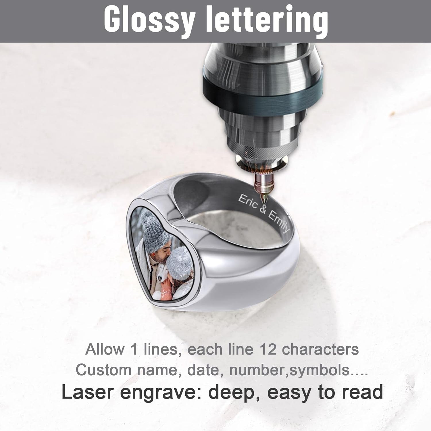 GOLDCHIC JEWELRY Custom Photo Rings for Men/Women, Stainless Steel Personalized Picture Engraved Bold Square Oval Heart Statement Ring in Black/Silver/Gold Color, with Gift Box (Size 7-14)