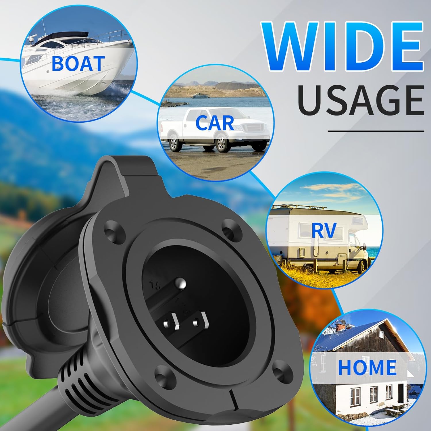 BEBOBLY 15 Amp AC Port Plug, 125V Power Inlet Socket with Waterproof Cover & Integrated 18" Extension Cord, 2 Pole 3-Wire NEMA 5-15 Flanged Generator Inlet Plug for RV Boat Electrical Connections
