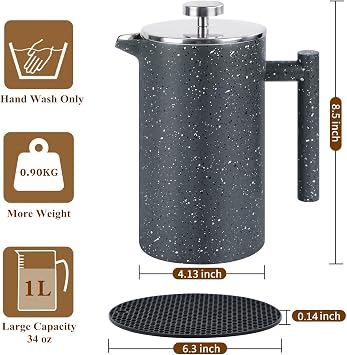 Cafetiere 8 Cup,1000ml French Press Coffee Maker,Double Wall,Marble